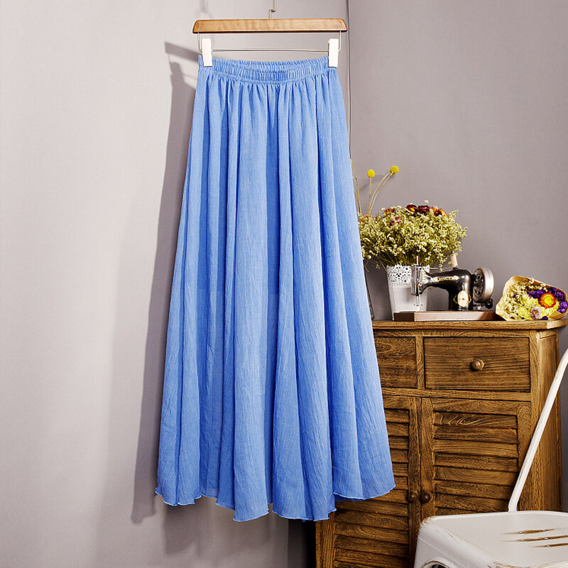Falda larga de lino y algodón para mujer, falda larga con pliegues, Color sólido, transpirable, ligera, para otoño, 1 unidad