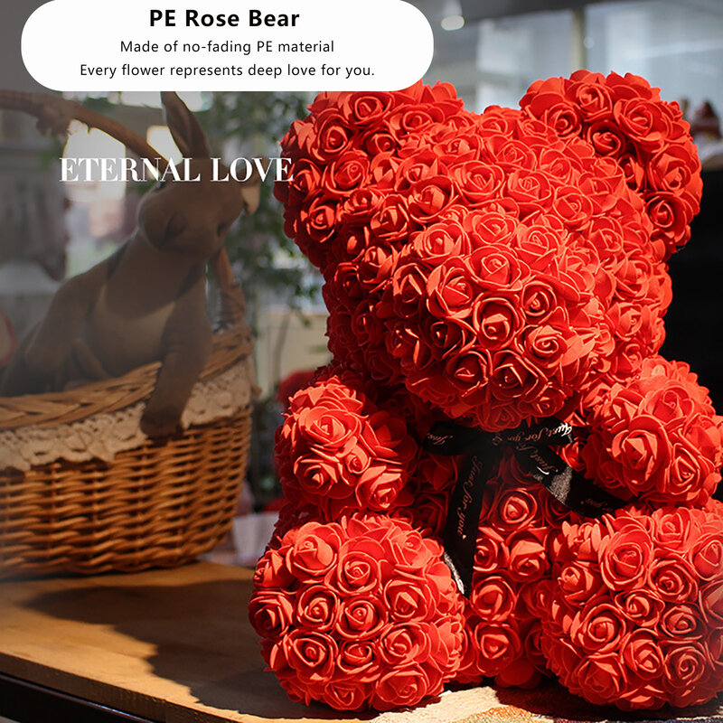 Diy 25 cmrose ursos com caixa artificial pe flor urso rosa dia dos namorados para namorada mulher presentes do dia das mães