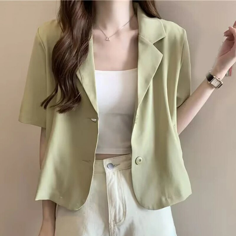 Blazers de manga corta de poliéster para mujer, chaqueta de un solo pecho, Color sólido, moda de verano, nuevo y elegante
