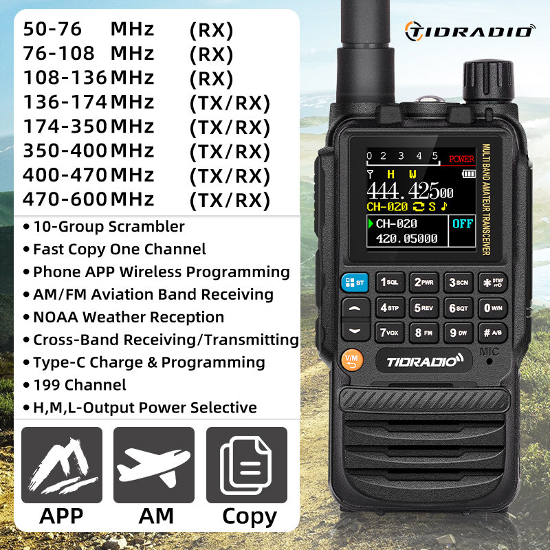 TIDRADIO-walkie-talkie H3, Radio de largo alcance, programación inalámbrica por aplicación de teléfono, banda aérea Dual PTT, USB tipo C, programación y carga