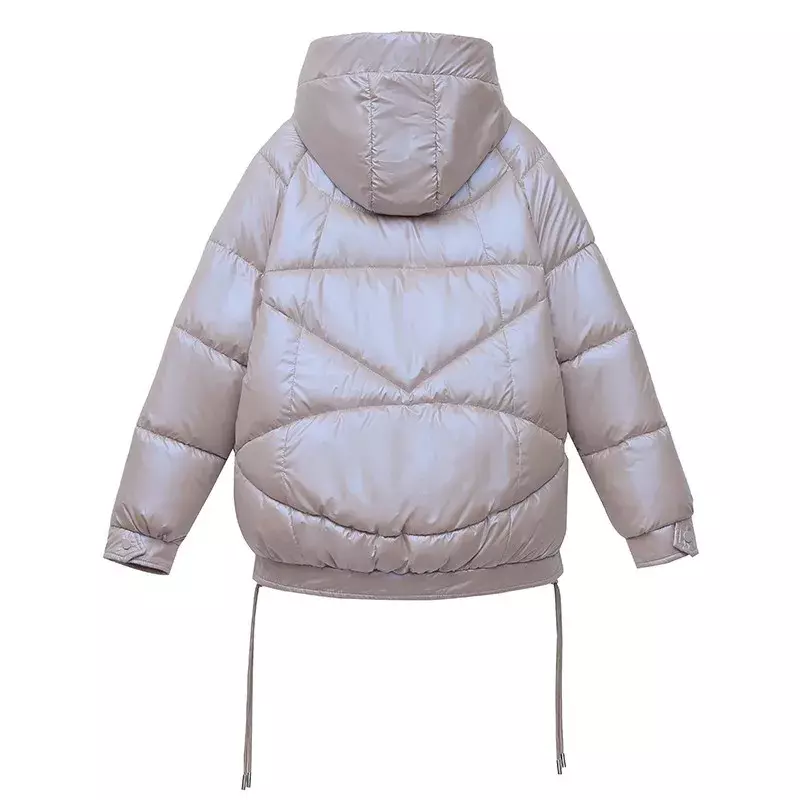 Jaqueta curta e brilhante para mulheres, parkas grosso de algodão estilo coreano, jaqueta solta com capuz, roupa de pão branca casual, roupas quentes de inverno 2023