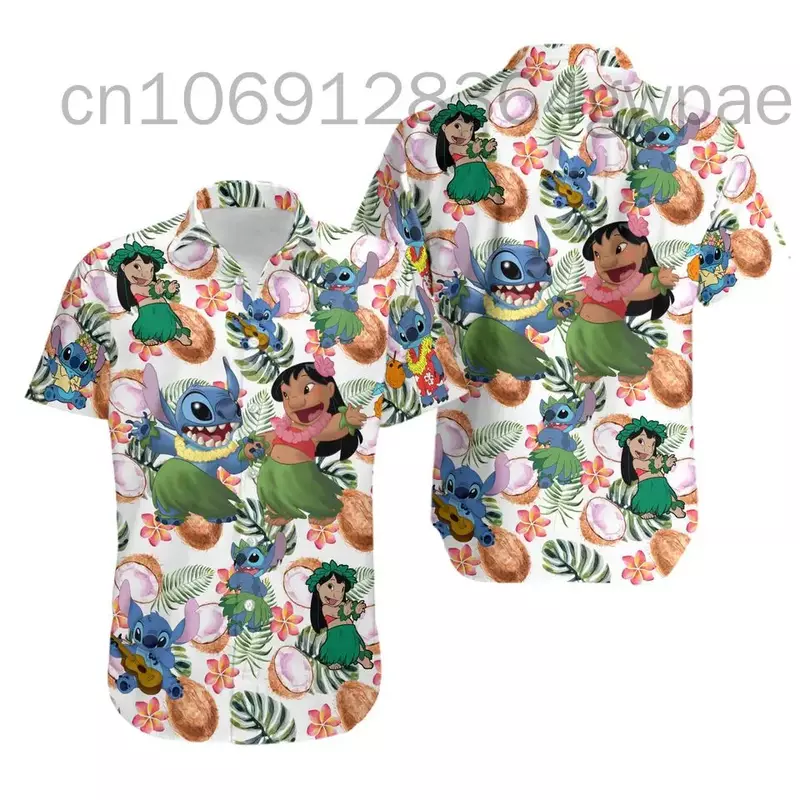 Disney-Chemise hawaïenne à manches courtes pour hommes et femmes, chemise boutonnée décontractée, dessin animé mignon, point et CAN o, plage