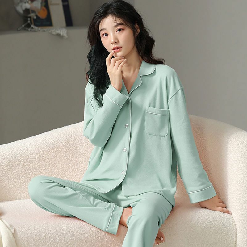 Weiche Nachtwäsche Frauen Herbst Pyjama setzt Langarm Tops Hosen Kawaii Kleidung koreanische Knöpfe Homewear koreanische lose Nachtwäsche