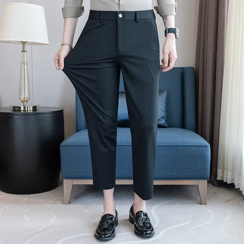 Calça de cintura alta elástica masculina com comprimento do tornozelo, roupa formal, slim fit, calça casual masculina de negócios, verão, 28-36