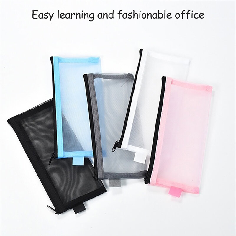 1Pc Transparent Mesh Pencil Case Pen Bag Simple Portable Office School Supplies Pen Box Bill Storage Bag Travel Accessories