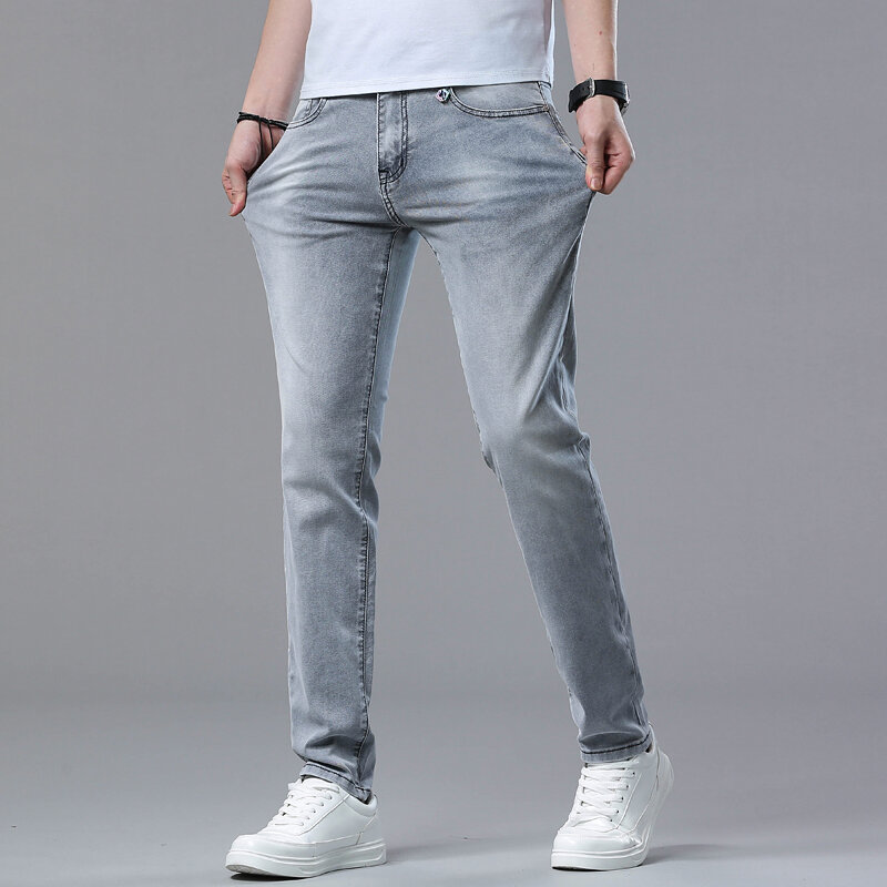 Jeans slim fit cinza claro masculino, fino, respirável, elástico macio, lápis, moda de rua, high-end, casual boys, verão
