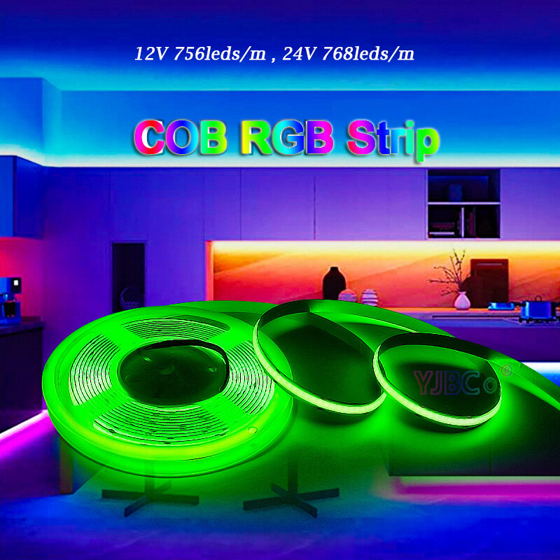 RGB COB LED 스트립, FCOB 분위기, 다채로운 고휘도, 유연한 조명 테이프, 10mm 흰색 PCB, 756/768 LEDs/m, 12V, 24V, 5M