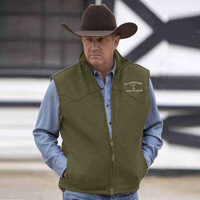 เสื้อกั๊กผู้ชาย Yellowstone แจ็คเก็ตสีน้ำตาลพิมพ์ซิป Waistcoat Slim Fit สำหรับทุกวันกลางแจ้งชายเสื้อเสื้อผ้า