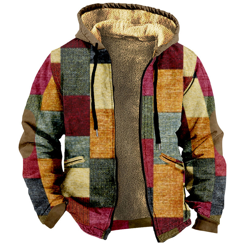 2023 New plaid patterned hoodie casual printed long sleeved zippered sweater thick cotton jacket winter