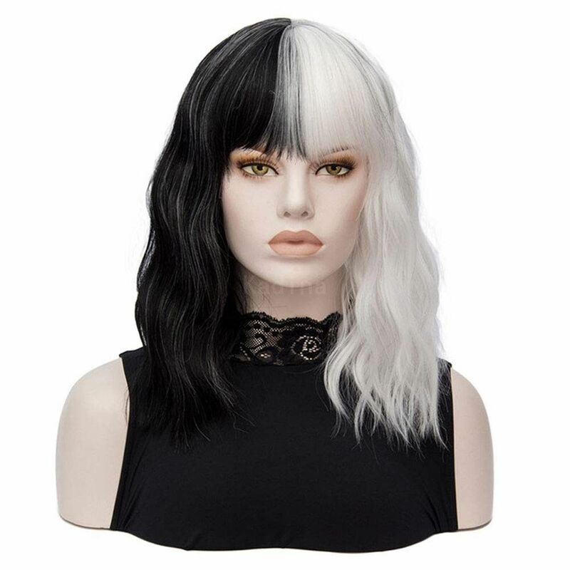 Abbinamento di colori in bianco e nero, capelli ricci di media lunghezza con frangia completa, parrucche sintetiche Cosplay per capelli