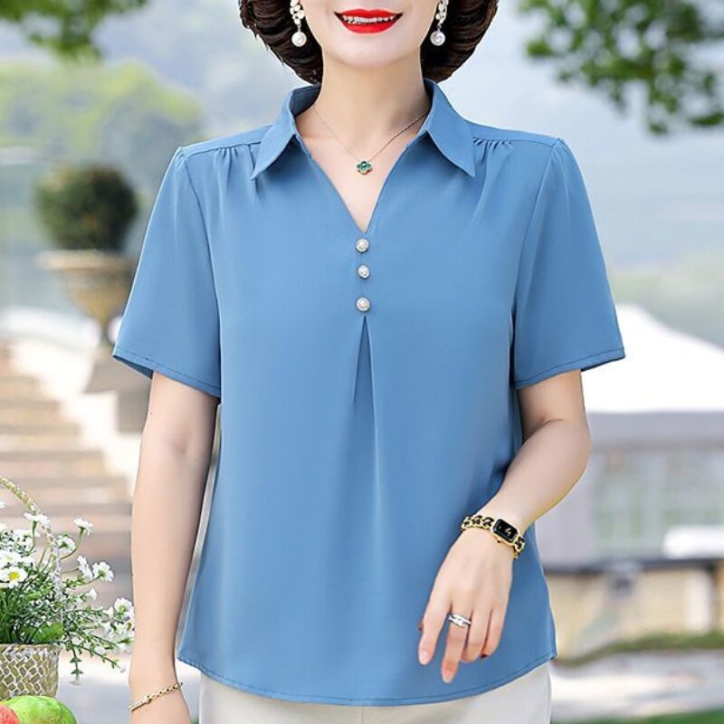 Женская шифоновая рубашка с коротким рукавом, универсальная свободная футболка с воротником-поло, лето 2024