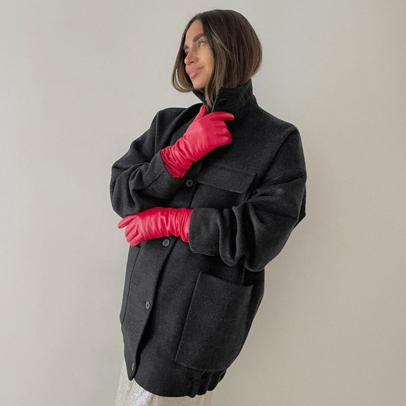 Elegante moda autunno inverno Y2K manica lunga colletto rovesciato tasca monopetto cappotto Vintage Outwear giacca di lana donna