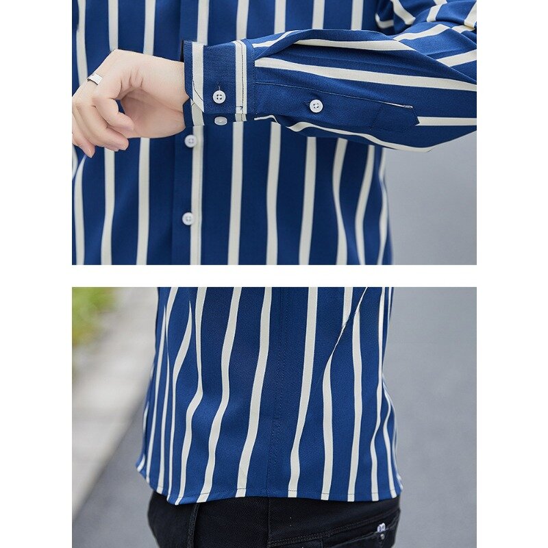 Camisa masculina listrada de manga longa, tops casuais, tamanho grande, estilo coreano, outwear de lapela na moda, roupas masculinas, primavera, outono