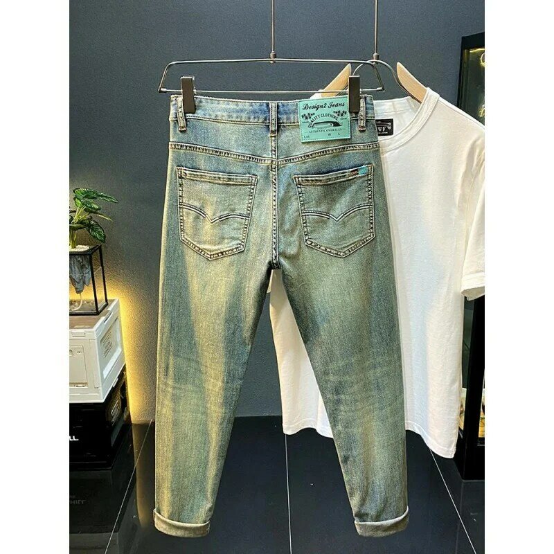 Новые высококачественные тонкие джинсовые мужские американские повседневные модные брендовые прямые эластичные ватные синие Универсальные джинсовые брюки