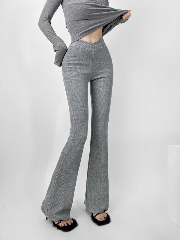 2024 New Women Spring Autumn One Piece V-waist Knitted Flared Pants Soft Fashion All-match Outdoor