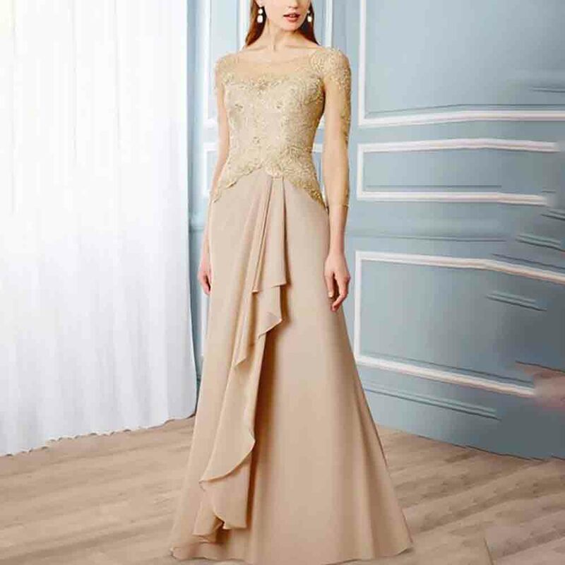A-Line Elegant Chiffon Scoop 3/4 Length Sleeve Beading Draping Floor-length Prom Evening Dress
