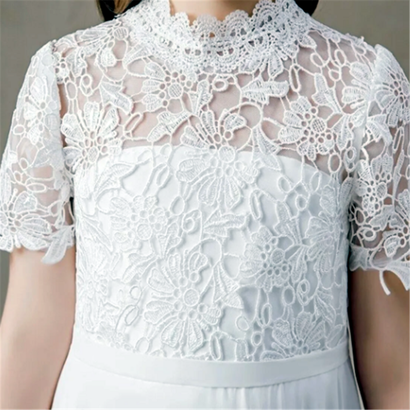 Białe koronkowe suknie pierwszej komunii na szyję długi szyfonowy kwiat sukienki dla dziewczynek krótkie rękawy druhna prezent na ślub/urodziny