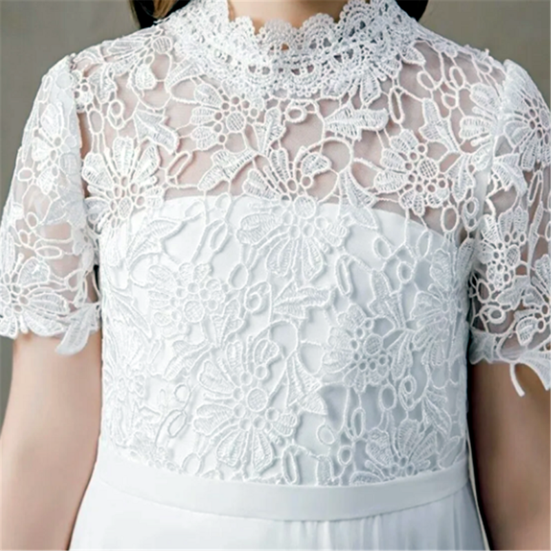 Vestidos de encaje blanco para primera comunión, vestidos largos de gasa de cuello alto para niña de las flores, manga corta para dama de honor, boda, regalo de cumpleaños