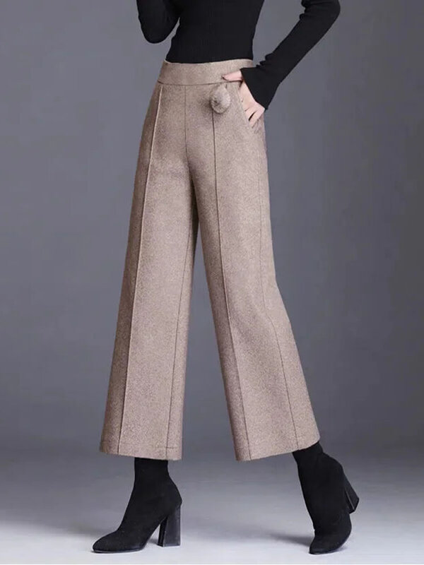 Oversize 4Xl Formal Pinstripe Wide Leg Pants High Waist Ankle Length Work Pantalones Autumn Loose Woolen Blend Womens Trousers