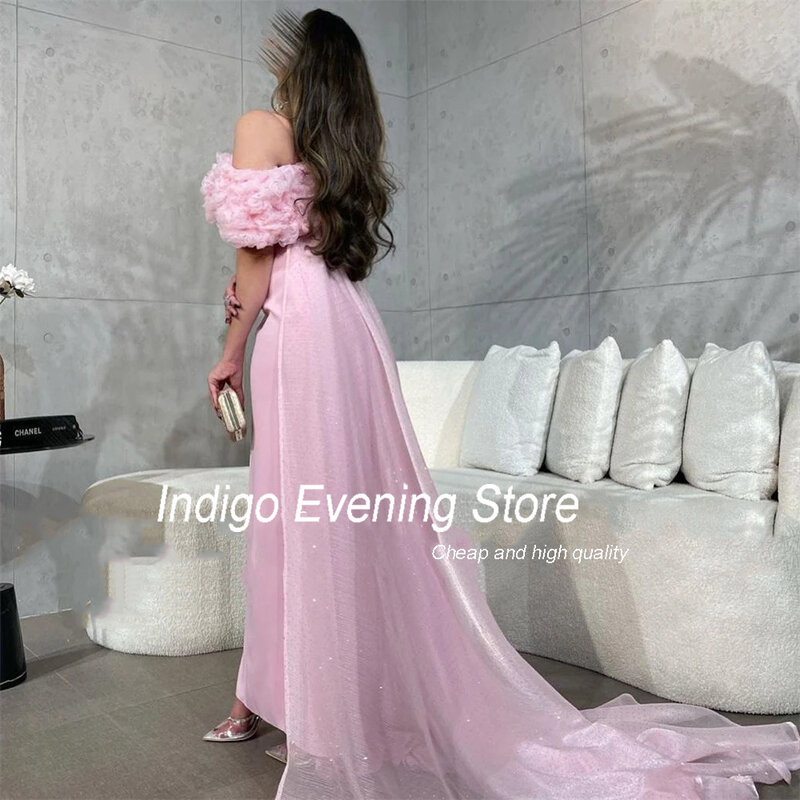 Indaco Prom Dress sirena Off The Shoulder Satin 3D Flowers caviglia-Length Sweep Train eleganti abiti da sera per le donne muslimah bhouth
