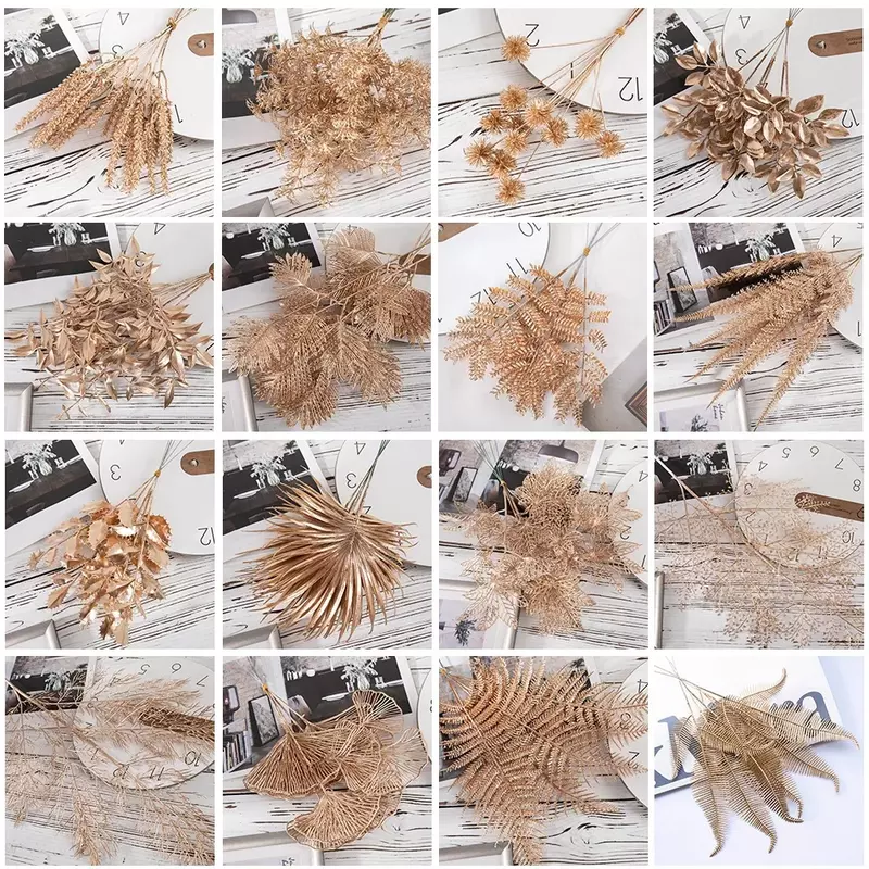 6pcs/set Artificial Flower Gold Christmas Flower New Year Flower Spray Gold Accessories Home Decoration Christmas Fake Flowers