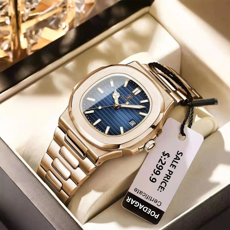 POEDAGAR-Relógio de pulso masculino quartzo em aço inoxidável, relógio de negócios, impermeável, luminoso, data, quadrado, luxo, caixa incluída