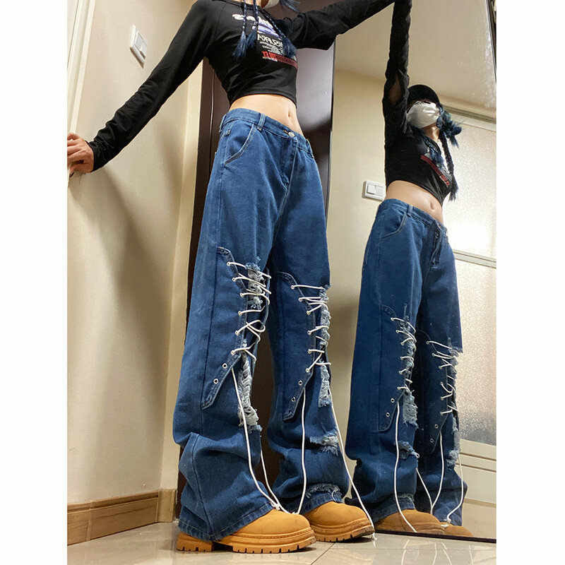 Повседневные рваные мешковатые джинсы на шнуровке для женщин Y2K, модные дизайнерские брюки в стиле хип-хоп, парные джинсы, мешковатые брюки