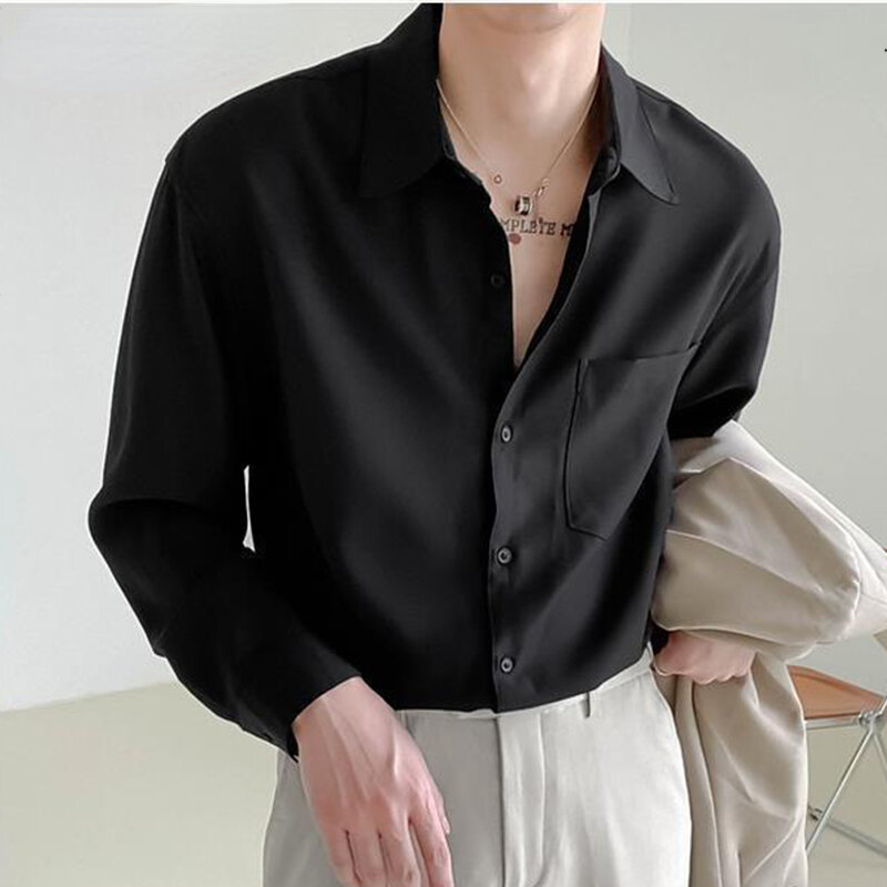 Blusa informal de manga larga para hombre, camisa holgada y drapeada de Color sólido, Top que combina con todo, moda de primavera y otoño