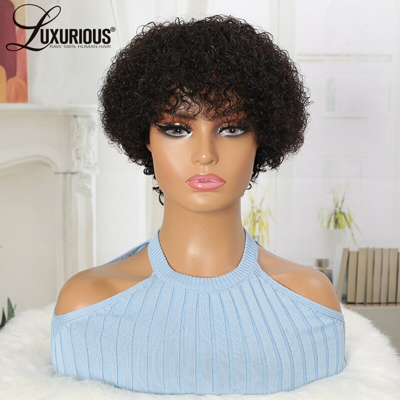 Brazilian Curly Human Hair Wigs With Bang Short Pixie Cut Bob Wig 150% Density Full Machine Made Wigs For Women