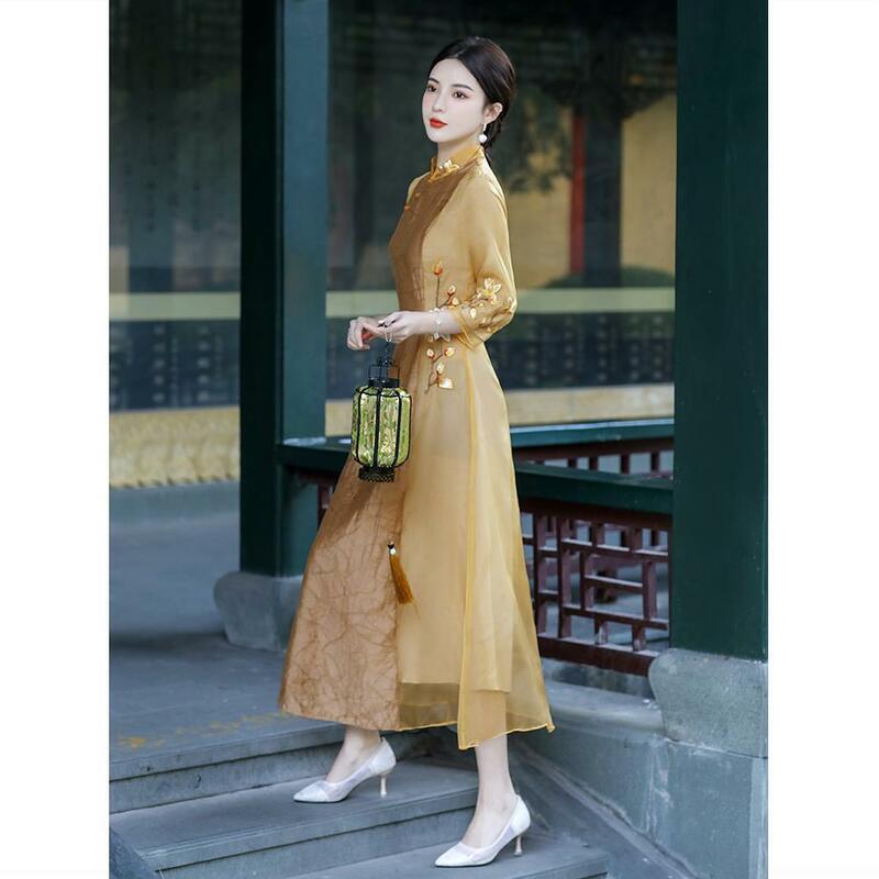 Женское шифоновое платье-Ципао с вышивкой, в китайском стиле