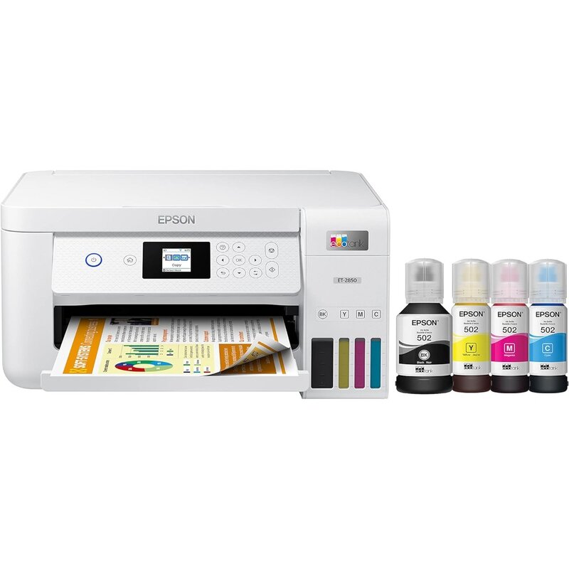 EcoTank ET-2850 Bezprzewodowa kolorowa drukarka typu „wszystko w jednym” bez wkładu z skanowaniem, kopiowaniem i automatycznym 2-stronnym nadrukiem — biała