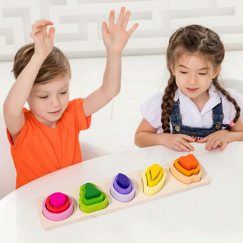 Formas geométricas blocos de construção para crianças, combinando macaron brinquedos educativos, puzzle educação infantil, coluna de cinco peças