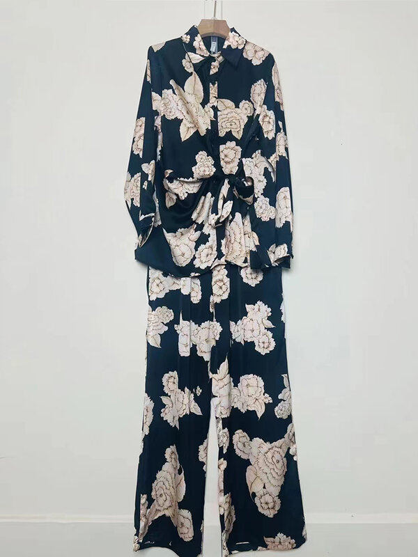 Женский комплект из двух предметов, свободная рубашка с винтажным принтом, лацканами, поясом и широкими штанинами с высокой талией, весна 2024