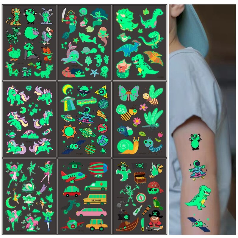 Pegatina de tatuaje temporal luminosa para niños, arte corporal brillante, impermeable, dinosaurio, Pirata, unicornio, sirena, dibujos animados
