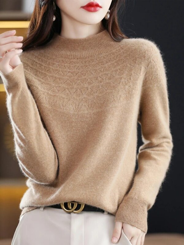Женский жаккардовый свитер с вырезами, пуловер из 100 мериносовой шерсти с полувысоким воротом, однотонный базовый пуловер, удобный вязаный свитер