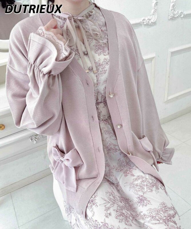 Japanese Mine Style Bow Pocket Embellished Sweet V-neck Sweater Coat Long Sleeve Lace Embellished Cuff Knitted Cardigan