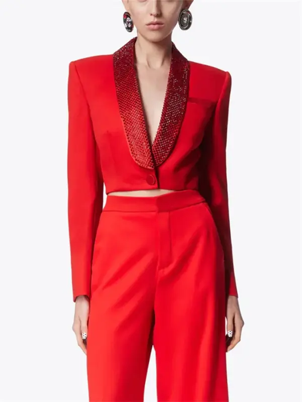 Conjunto de calças formais para mulheres, calça sexy, blazer curto, jaqueta e calça, lapela de cristal, roupa de trabalho Hollow Business, vermelho e preto, 2 PCs
