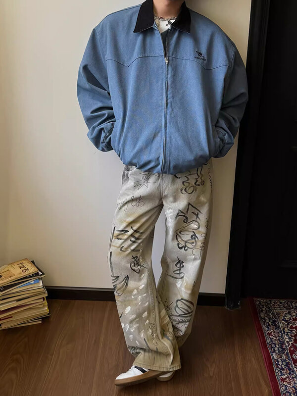 Reddic Jeans pria Vintage ukuran Plus, celana Skater grafiti tua pinggang tinggi bercetak estetika Y2k