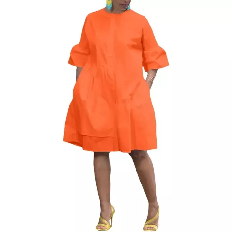 فستان داشيكي أفريقي للنساء ، بأكمام قصيرة ، بوليستر ، عقد مستدير ، لون سادة ، مثير ، صيف ، s-3xl