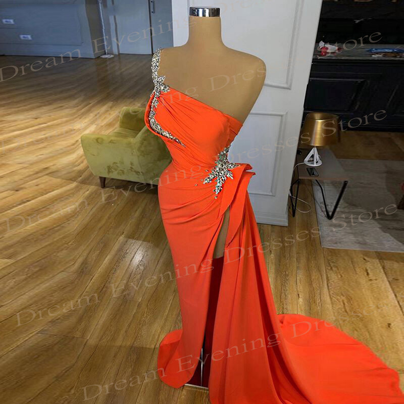 Vestidos de baile plissados sem mangas com alta divisão, vestidos simples, vestidos sereia laranja, charmoso e sexy, modernos