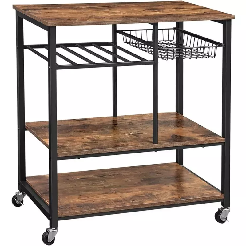 Kitchen cart, food storage rack with metal mesh basket, bottle holder and storage rack, industrial style, rustic brown