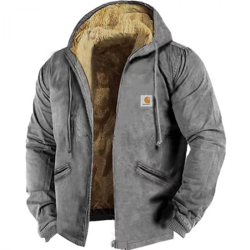 Cappotto con cerniera in felpa con cappuccio caldo e spesso in velluto sciolto stampato da uomo autunno inverno