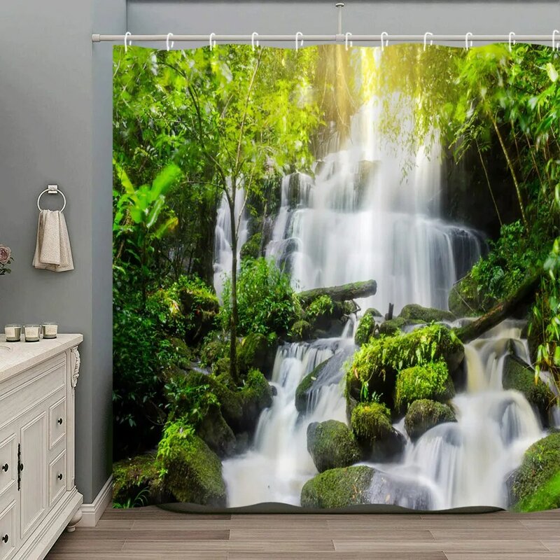ม่านอาบน้ำลายป่า3D แบบทันสมัยม่านผ้าโพลีเอสเตอร์ผ้าสำหรับตกแต่งห้องน้ำสวนป่าทิวทัศน์แม่น้ำป่าฝน