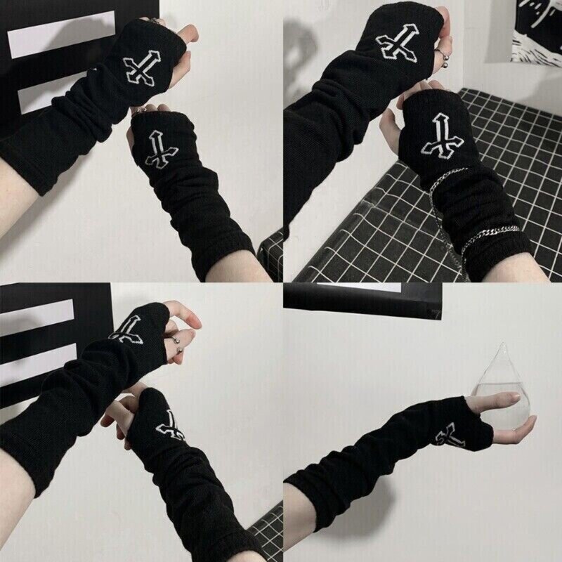 Guanti Punk Grunge Cross guanti neri neutri alla moda senza dita Rock Ninja Sleeve Cosplay