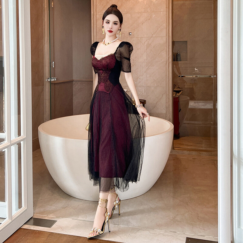 Harajpoo Fashion 2024 lato nowe kobiety w stylu Retro kwadratowa dekolt w talii strój koronkowy francuskie puszyste długie eleganckie przedsionki