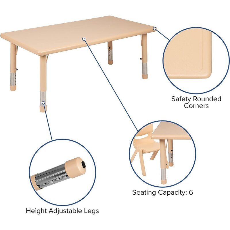 Children's tables and chairs, children's furniture 24 "W x 48" L rectangular natural plastic height adjustable activity table
