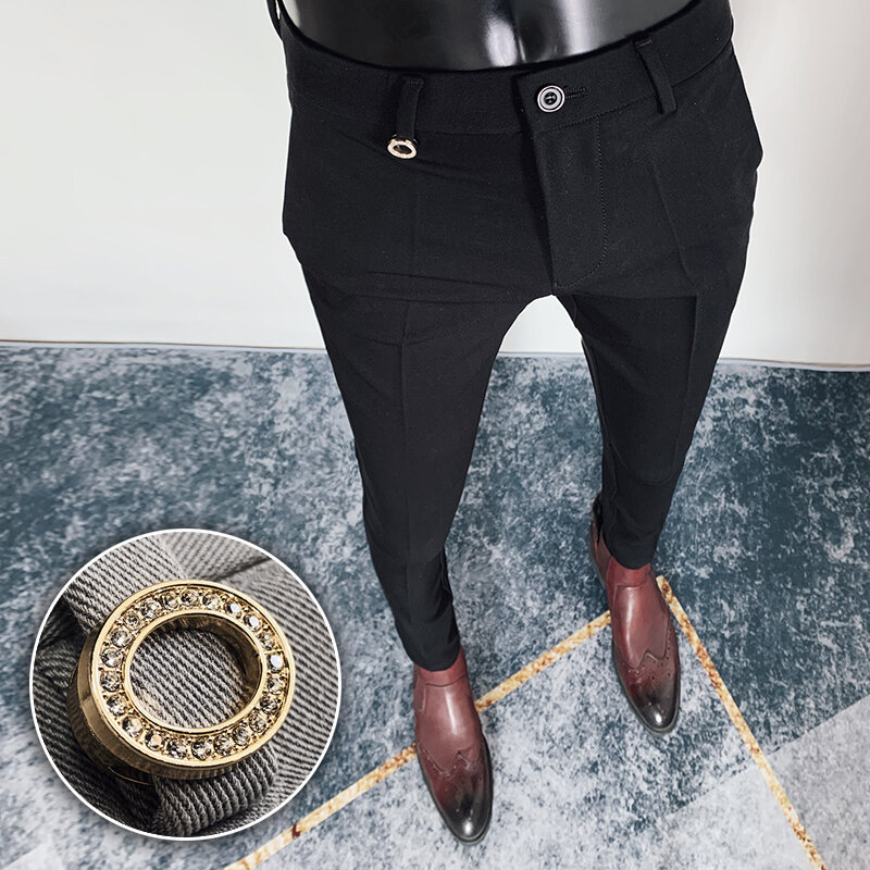 Pantalones de vestir de cintura alta para hombre, traje ajustado con diseño de cinturón, informal, Formal, para boda, Fiesta Social, Otoño e Invierno