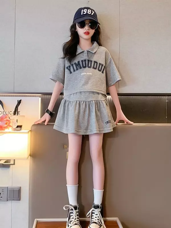Summer Children Girls Clothes Set Teenage Letter Printed Lapel T-shirts and Short Skirts Suit Kid Fashion Top Bottom Ins Outfits