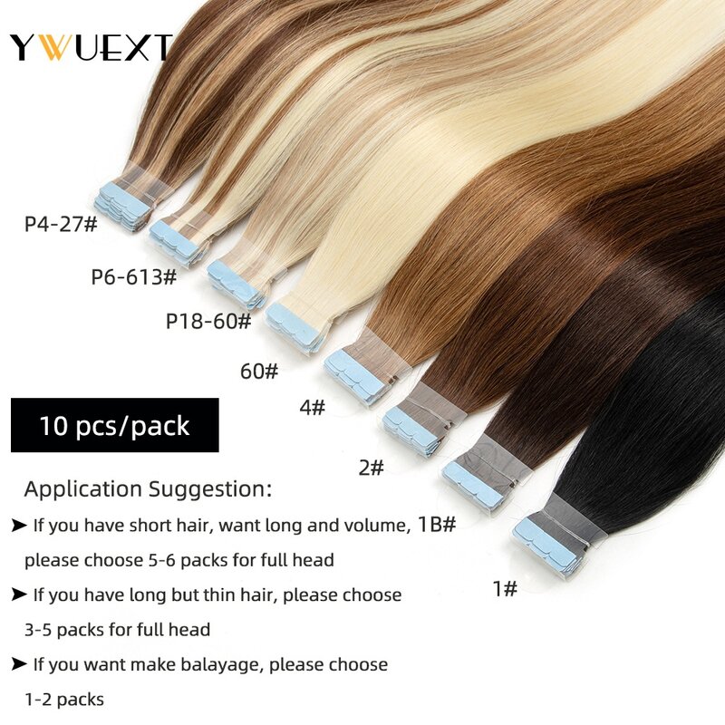 YWUEXT-extensiones de cabello humano, cinta adhesiva Invisible marrón, 10 piezas, 12-24 pulgadas, calidad de salón