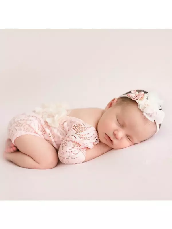 Pakaian bordir bunga untuk anak perempuan, pakaian properti fotografi bayi baru lahir dengan ikat kepala